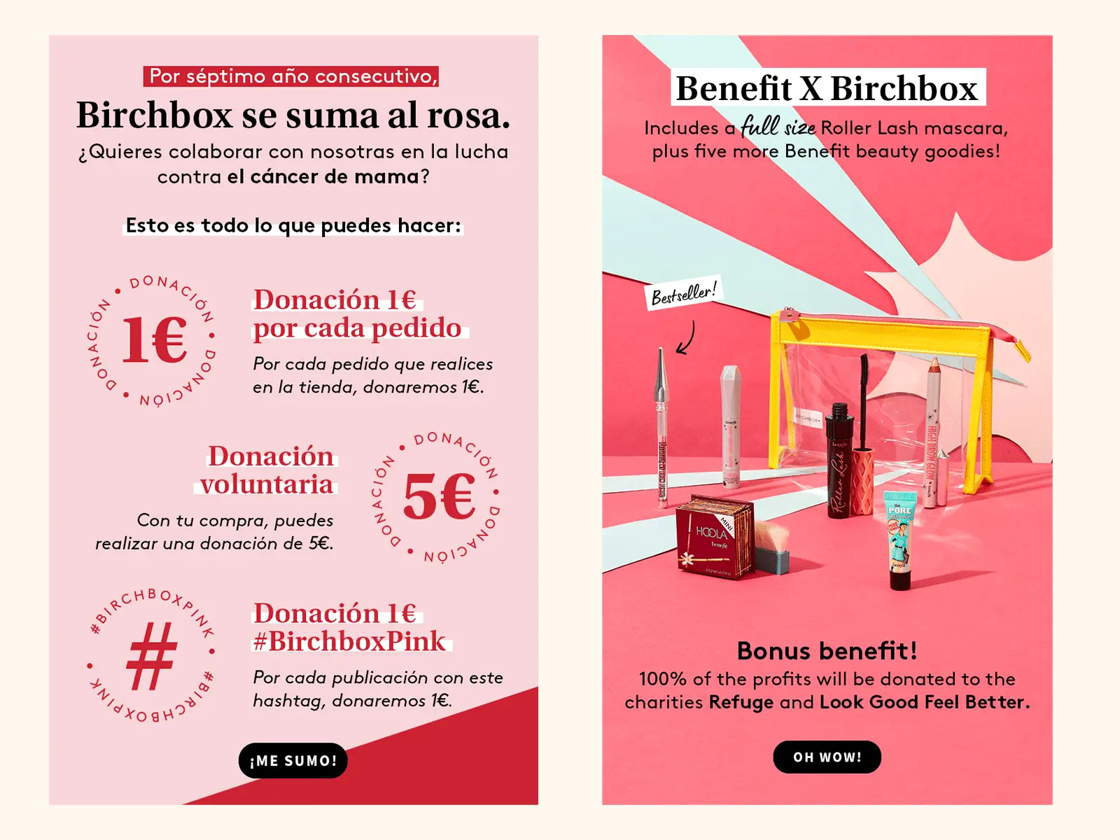 Email Newsletter design, on left Breast Cancer Awareness campaign and on right collaboration Birchbox X Benefit