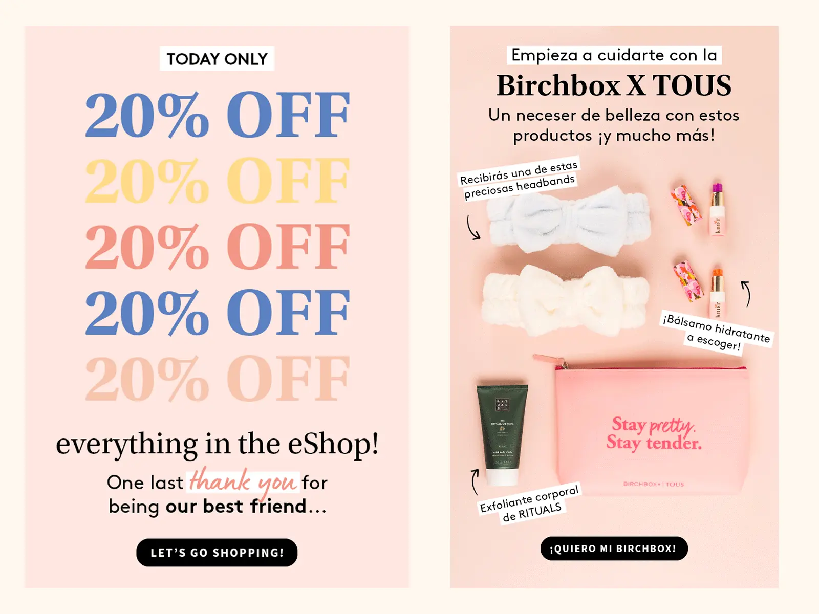 Cosmetics and jewellery Birchbox X TOUS promotional newsletter design, e-commerce sales campaign email design