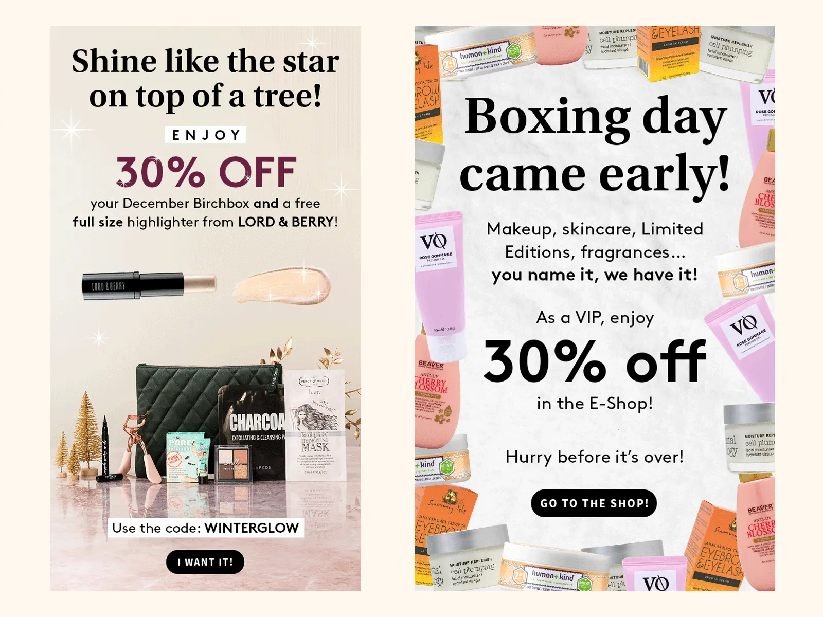 Cosmetic brand email design promoting sales and discounts