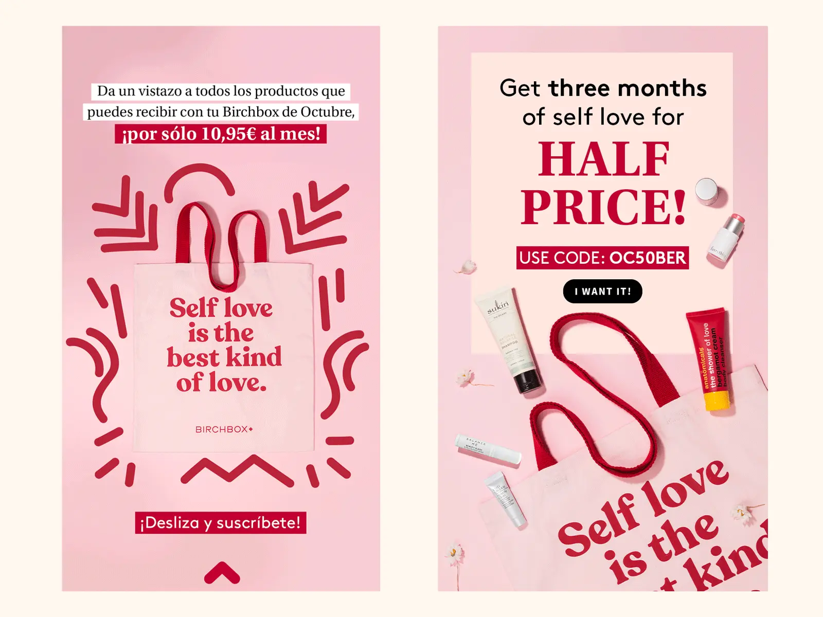 Paid Media design on left and Newsletter design on right, both promoting selected cosmetic products